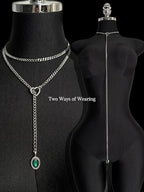 Heart Slip Chain Necklace for Women, 39 Inch Cuban Chain, Removable Heart O-Ring, Crystal Pendant, Adjustable Stainless Steel Y-Necklace - color: Silver-Green