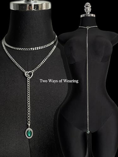 Heart Slip Chain Necklace for Women, 39 Inch Cuban Chain, Removable Heart O-Ring, Crystal Pendant, Adjustable Stainless Steel Y-Necklace - color: Silver-Green