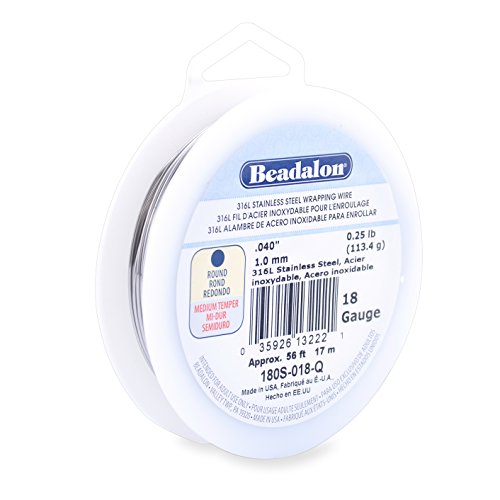 Beadalon 316L Stainless Steel Wrapping Wire, Round, 18 Gauge,Round, 56 feet, 1/4 Pound