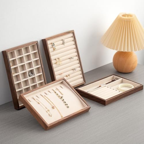 Black Walnut Wood Jewelry Tray with Velvet Lining, Multi-Functional Jewelry Organizer for Rings, Earrings, Necklaces & Bracelets, Drawer Jewelry Storage & Display Tray - color: 2grid+5 line