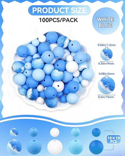 100PCS FIVEIZERO Silicone Beads for Keychain Making, 9mm & 15mm Blue White Mixed 5 Colors Silicone Focal Beads for Bracelets, Beadable Pens and DIY Crafts - color: White Blue