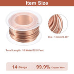 uxcell Soft Copper Wire (14 Gauge, 32.8 FT), 99.9% Pure Bare Copper Wire 1.6mm Solid Craft Wire for DIY Crafting Gardening Decoration (10Meter) - size: 14 Gauge X 32.8 Ft