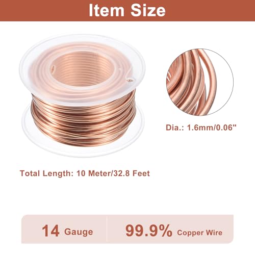 uxcell Soft Copper Wire (14 Gauge, 32.8 FT), 99.9% Pure Bare Copper Wire 1.6mm Solid Craft Wire for DIY Crafting Gardening Decoration (10Meter) - size: 14 Gauge X 32.8 Ft