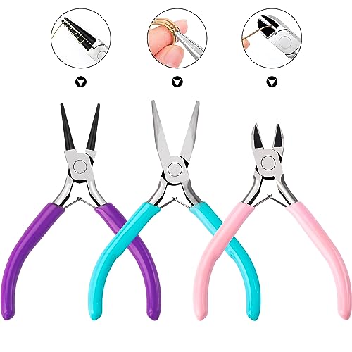 URSKYTOUS 3Pcs Jewelry Pliers Set Jewelry Making Pliers Tools Kit Include Jewelry Making Needle Nose Chain Nose Round Pliers Wire Cutter for Bracelet Beading DIY Craft Jewelry Making Supplies - color: Bm Pink Blue Purple