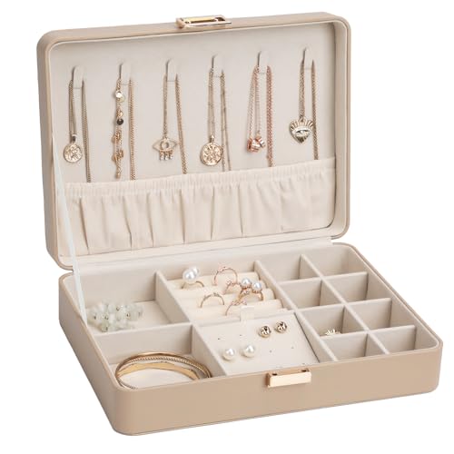 Leather Jewelry Box with Lock Small Jewelry Chest for Women Gift Box for Necklace, Ring, Earring Storage Portable Design Apricot - color: Apricot-23, size: Style H