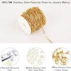 16Ft Stainless Steel Paperclip Chain for Jewelry Making, 3.5mm Width Gold Plated Paper Clip Link Chains Roll for DIY Necklace Bracelet Jewelry Making Supplies with Lobster Clasps Soft Tape Measure - color: Paperclip 3.5mm Gold