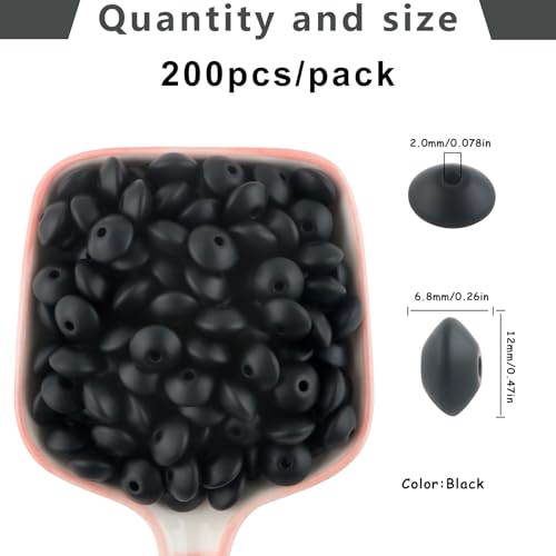 Sunrony 200Pcs 12mm Silicone Lentil Beads for Keychain Making, Bulk Abacus Spacer Beads for Pens (Black) - color: D-Black