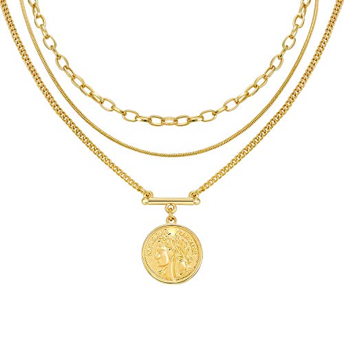 LANE WOODS Gold Plated Necklaces for Women - Multilayer Coin Medallion Pendant Necklace Adjustable Layering Choker Necklaces Chain Set Jewelry - style: Coin Medallion-Gold