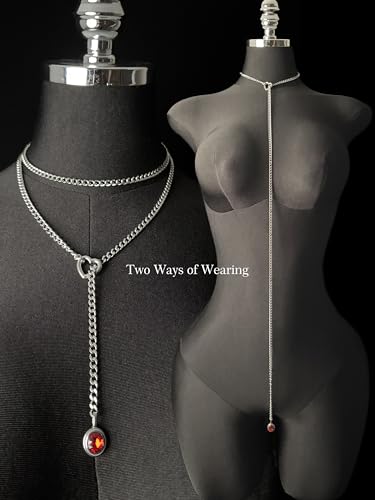Heart Slip Chain Necklace for Women, 39 Inch Cuban Chain, Removable Heart O-Ring, Crystal Pendant, Adjustable Stainless Steel Y-Necklace - color: Silver-Red