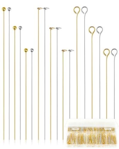 FIVEIZERO 900 PCS Eye Pins and Flat Head Pins for Jewelry Making, Metal Eyepins, Headpins & Ball Head Pins for DIY Earrings, Necklaces, Bracelets, Pendants, 1.2", 1.6", 2", Gold & Silver - color: Mix