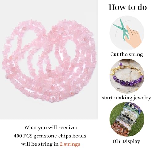 400pcs Natural Chip Stone Beads for Jewelry Making Rose Quartz 5-8mm Irregular Gemstones Healing Crystal Loose Rocks Bead Hole Drilled for Ring Earrings Necklace Bracelet Making DIY Art Crafts - color: Rose Quartz (2 Strands-62")