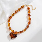 GZQ Chunky Gold Heart Necklace for Women, Resin Beaded Chain with Puff Heart Adjustable Clasp, Perfect for Daily Wear Party Date Streetwear Outfits Fashion Jewelry Gift - color: Brown