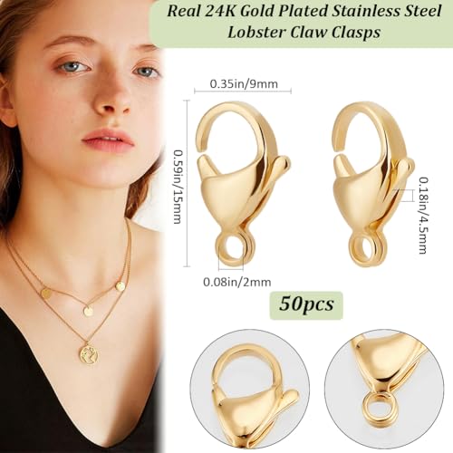 Beebeecraft 1 Box 50Pcs Lobster Claw Clasps 24K Gold Plated 304 Stainless Steel Trigger Snap Clasp for Bracelet Necklace Jewelry Making 15mm - size: 9mm