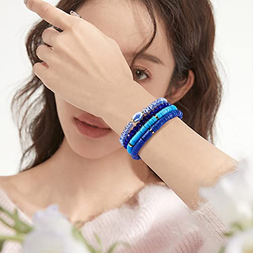 Ornaland 7Pcs Handmade Polymer Clay Heishi Surfer Stretch Bracelets Set Colorful Glass Beads Bracelets Boho Stackable Preppy Bracelets Wrist Jewelry for Women - color: Blue
