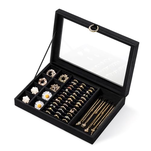 bussdis Glass Lid Jewelry Organizer Box – Black Velvet Jewelry Case with Ring Slots, Necklace Hooks & Removable Compartments for Earrings, Rings & Bracelets - color: Black