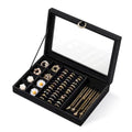 bussdis Glass Lid Jewelry Organizer Box – Black Velvet Jewelry Case with Ring Slots, Necklace Hooks & Removable Compartments for Earrings, Rings & Bracelets - color: Black