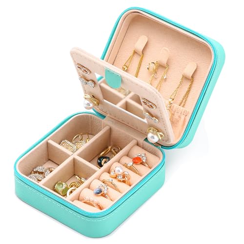 Neveika Jewelry Box with Mirror,Small Jewelry Organizer Box，Travel Jewelry Case for Women，Gift Jewelry Boxes for Female Girls (mirror blue) - color: mirror blue