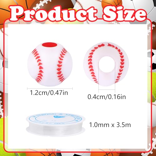 100pcs Baseball Beads with 5.5 Yard Elastic Rope,Acrylic Softball Beads Sports Bead DIY Spacer for Necklace Bracelet Keychains Handmade Jewelry Making Accessories Craft Supplies,12mm(White) - color: White Baseball