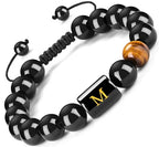FRG Initials Bracelets for Men Letter Link Handmade Natural Black Onyx Tiger Eye Stone Beads Braided Rope Meaningful Bracelet - style: Braided rope-M