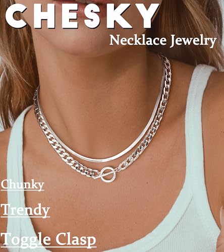 CHESKY 14K Gold Plated Chunky Necklace for Women, Trendy Paperclip Chain Necklace Thick Cross Heart Pendant Necklace Layered Herringbone Cuban Link Chain Toggle Necklaces Non Tarnish Jewelry - color: silver, style: cuban+herringbone