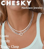 CHESKY 14K Gold Plated Chunky Necklace for Women, Trendy Paperclip Chain Necklace Thick Cross Heart Pendant Necklace Layered Herringbone Cuban Link Chain Toggle Necklaces Non Tarnish Jewelry - color: silver, style: cuban+herringbone