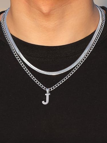 P. BLAKE Layered Initial A-Z Pendant Necklaces for Boys Men, Stainless Steel Letter Cuban Link Herringbone Chain Fashion Jewelry Gifts - color: Silver, size: Letter I
