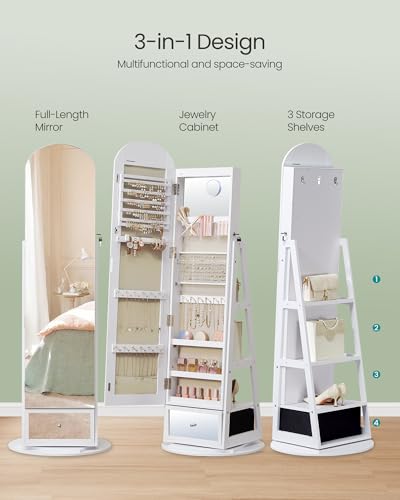 SONGMICS 360° Swivel Jewelry Cabinet, Full-Length Arched Mirror with LED Lights, Magnifying Mirror, Storage Shelves, Drawer, Cloud White UJJC030WB01 - color: Cloud White