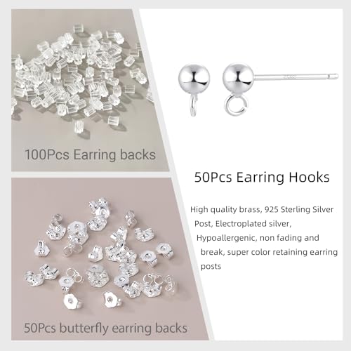 50PCS Silver Ball Earring Posts Hypoallergenic Earring Studs Ball Ear Pin with 925 Sterling Silver Post for DIY Jewelry Making Findings - color: B Style-Silver Smooth Ball