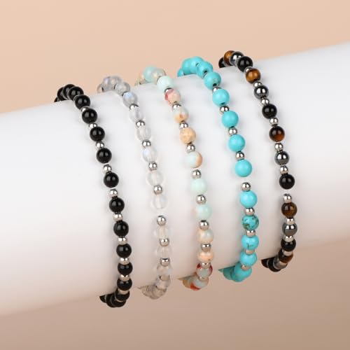 QOGIR 14k gold Handmade Healing Bracelet, Natural Gem Stone Crystal Elastic Gold Bracelet - color: Black Onyx Silver - Protecting and Grounding, size: 4m