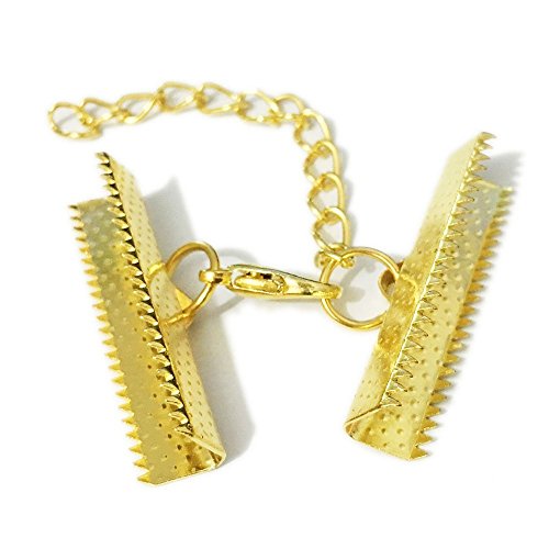 10 Set Ribbon Clamp Crimp Ends Beads Flat Cover with Lobster Claw Swivel Clasps Extension Chain Jump Rings Cords End Caps String Leather Clip Foldover Necklace Bracelet Connectors (Gold Crimp 30mm) - color: Gold crimp 30mm
