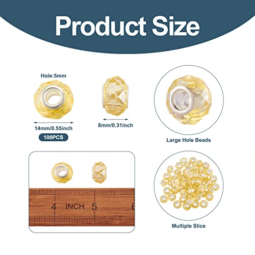 100pcs 14mm Large Hole Glass Beads Yellow European Lampwork Loose Spacer Beads for Christmas DIY Craft Snake Chains Charms Bracelet Necklace Earring Making Hole: 5mm - color: Yellow