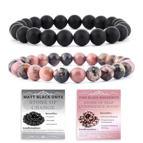 NCB 2.3-Piece 4mm Natural Crystal Gemstone Stretch Bracelets – Handmade Reiki Energy Healing Jewelry for Meditation,Yoga, Unisex - color: 2PCS ( Pink black Rhodonite+Matte Black Agate ), size: 8mm