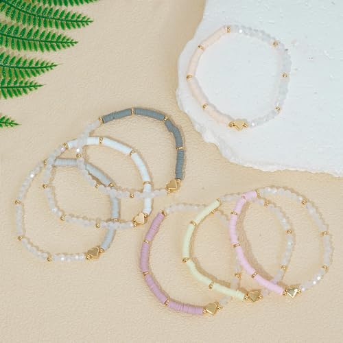 RISHEGAE Heishi Beaded Stretch Bracelets for Women Stackable Polymer Clay Beads Bracelets Friendship Boho Summer Beach Bracelet Jewelry Set - color: C-Small gray clay 7pcs