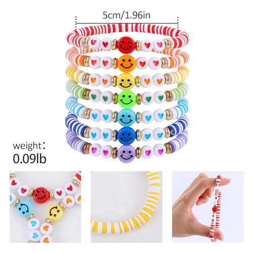 Rainbow Heishi Surfer Bracelets Set for Women Stackable Clay Beaded Bracelets Disc Stretch Preppy Bracelets Layering Colorful Friendship Bracelets Team Cheer Bulk Boho Summer Beach Jewelry Gift - style: Smiley Face with Heart