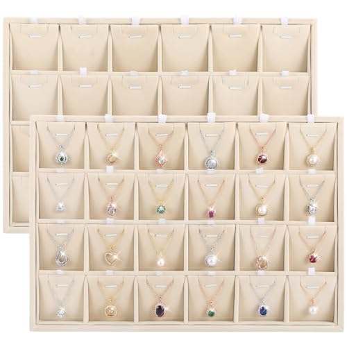 2 Pcs 24 Grid Stackable Jewelry Organizer Tray with Removable Dividers Ice Velvet Jewelry Display Showcase Tray for Necklace Earring Ring Bracelet Holder(Beige Velvet) - color: Beige Velvet