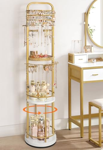 Jewelry Holder Organizer, Floor Jewelry Organizer with Earring Organizer Necklace Holder, Rotating Jewelry Stand Necklace Display Earring Storage, Large Hanging Jewelry Tree for Jewlery Bracelet Ring - color: Gold