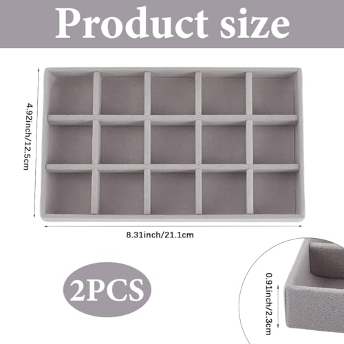 2Pcs 5 x 8.3 Inch Jewelry Drawer Inserts Velvet Jewelry Tray Gray 15 Grids Dresser Earring Drawer with Removable Divider Necklace Organizer Storage Container for Bracelet Ring Watch Display - style: Gray 15 Grids