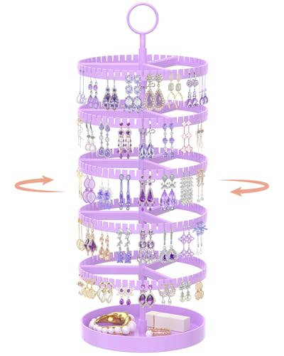 iDavosic.ly 5 Tier Rotating Earring Holder Organizer with Metal Tray, Adjustable Plastic Dangle Display Stands Tree with 285 Grooves, Large Hoop Storage Rack Tower, Purple - color: Lavender, size: 5 Tiers
