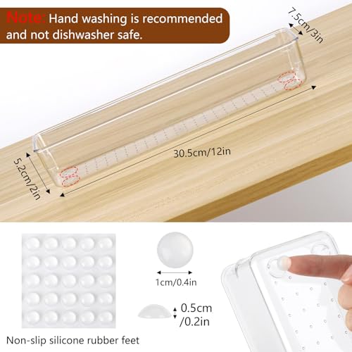 6 Pcs Large Clear Plastic Drawer Organizers Tray 12"x3" Storage Bins with 25 Pcs Non-Slip Pads for Makeup, Jewelries, Kitchen Utensils, Bathroom and Office - size: 12"x3"