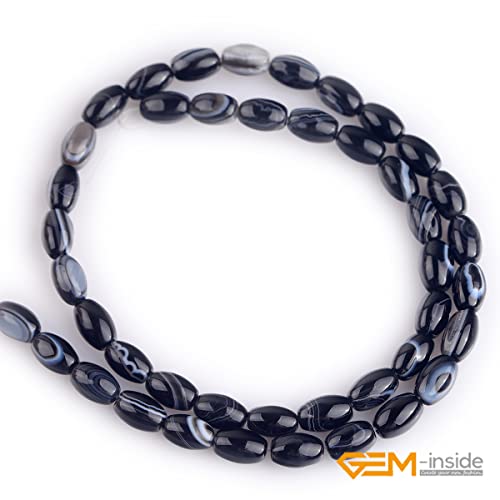 GEM-Inside 6x9mm Natural Black Botswana Onyx Agate Stone Semi Precious Rice Olive Oval Chakras Beads for Jewelry Making DIY Handmade Craft Supplies 15" - size: Black-6x9mm