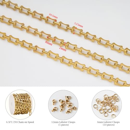 KYUNHOO 2 Meters Hollow Bone Link Jewelry Making Chains Bulk Gold Plated Stainless Steel Chain for Crafting DIY with Lobster Clasps and Jump Rings - color: Bone Gold