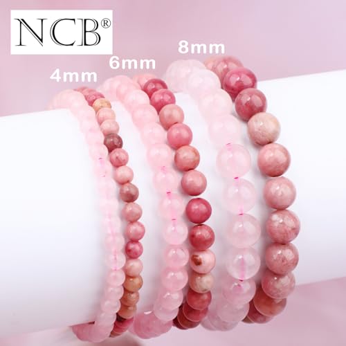 NCB 2.3-Piece 4mm Natural Crystal Gemstone Stretch Bracelets – Handmade Reiki Energy Healing Jewelry for Meditation,Yoga, Unisex - color: 2PCS ( Pink Quartz+Rhodochrosite ), size: 4mm