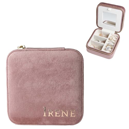 Customizable Compact Velvet Jewelry Box with Mirror, Travel Jewelry Case, Travel Jewelry Organizer, Jewelry Box for Women and Girls, Small Jewelry Organizer (Bottom Right Text, Nude Pink) - color: Nude Pink, size: Bottom Right Text Only