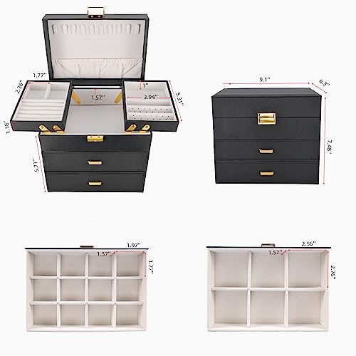 Dajasan Jewelry Organizer Box, Large Jewelry Boxes for Women Girls, Space-Saving 4 Layers Jewelry Storage Case with Drawer, Movable Metal Stand, Modern, Gift Idea (Black + Gold) - color: Black + Gold