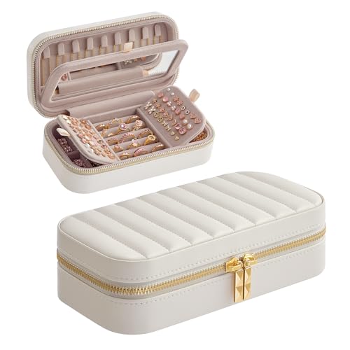 SONGMICS HOME Travel Jewelry Case, Travel Jewelry Box Organizer with Mirror, 4.1 x 8 x 2.4 Inches, Stitching, Portable, Gift Idea, Cloud White UJBC180W01 - color: Cloud White, size: 8"W