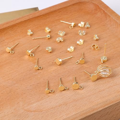 12Pcs Gold Earring Posts with Loop, 3/4/5mm Flat Studs Earring Hook Hypoallergenic 925 Sterling Silver Earrings Findings Butterfly Backs Supplies Set Gold Ear Studs Posts for Earrings Jewelry Making - color: Flat_Gold