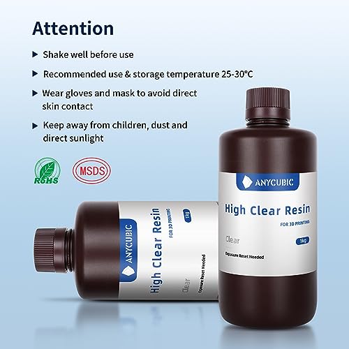 ANYCUBIC High Clear 3D Printer Resin, Resist Yellowing and Highly Transparent, Tough and Resilient, Low Odor 3D Printing Resin, Widely Compatible Resin 3D Printers (High Clear, 2kg) - color: High Clear, size: 2kg