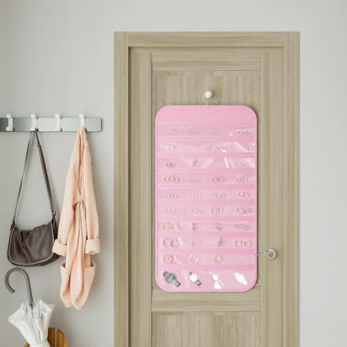 1 Pack Hanging Jewelry Organizer 80-Pocket Dual-sided Jewelry Storage for Earring Necklace Bracelet Ring Travel Holder, Pink - color: Pink
