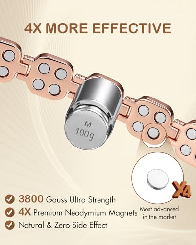 Feraco Pure Copper Bracelets for Women, 4X Ultra Strength Magnetic Bracelet with 3800 Gauss Neodymium Magnets & Dazzling Austrian Cut Crystals Stone, Adjustable Jewelry Gift - style: Radiant Square Shine - Rose Gold