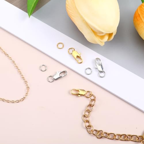 4 Pcs Stainless Steel Lobster Claw Clasps with Jump Rings, No Tarnish Jewelry Findings for Necklace Bracelet Anklet Making, Strong Spring Snap Hooks Closures (12mm/0.47 Inch, Silver + Gold)